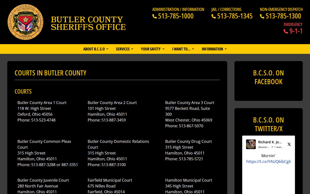 Butler County residents directory Sheriff court and custody route