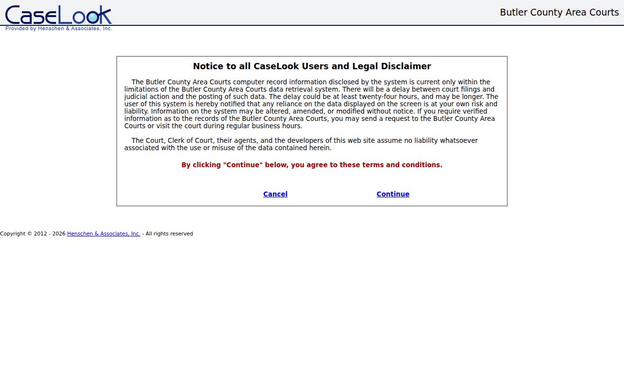 Butler County resident lookup Area Courts CaseLook screen
