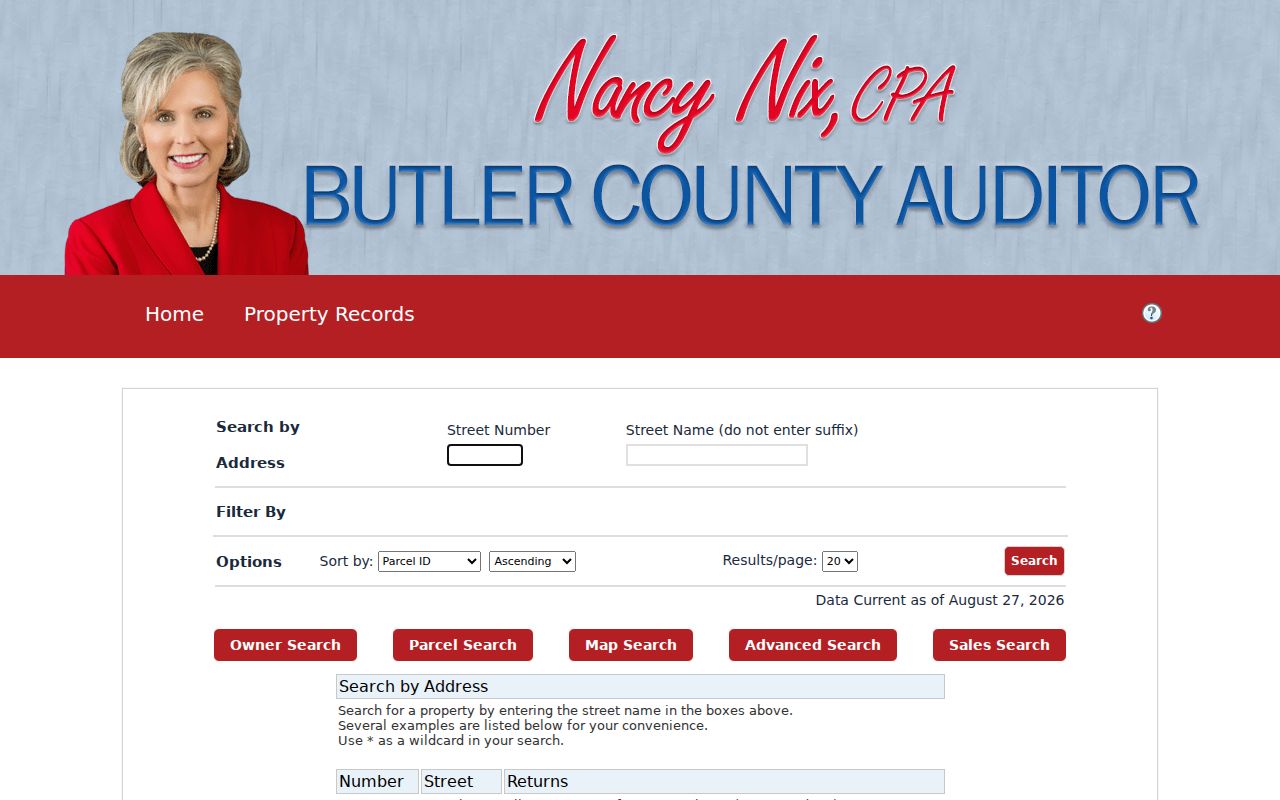 Butler County street address Auditor search screen