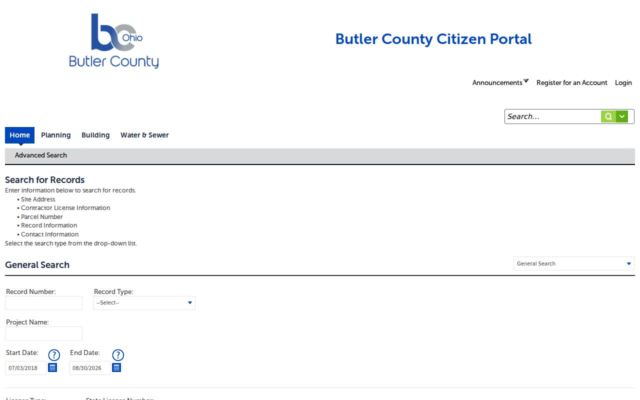 Butler County street address Citizen Portal building search
