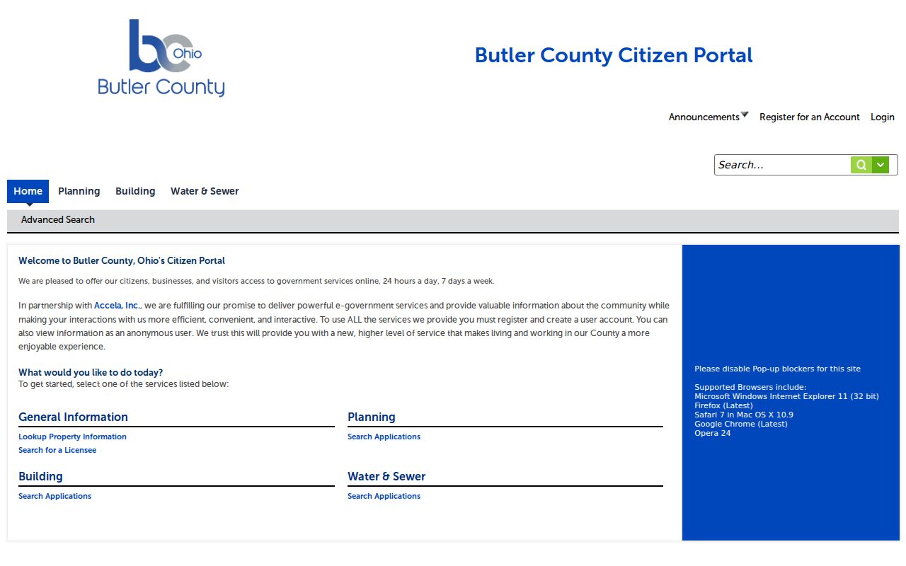 Butler County ZIP code Citizen Portal address fields